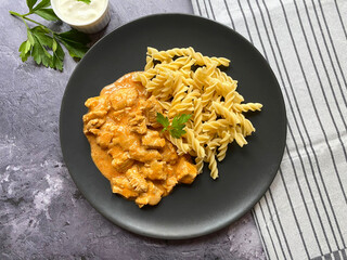 Classic chicken goulash with fusilli pasta in sour creme gravy. 