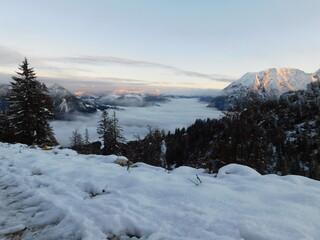 Valley under Tauplitz in fog of inversion in Austrian alps