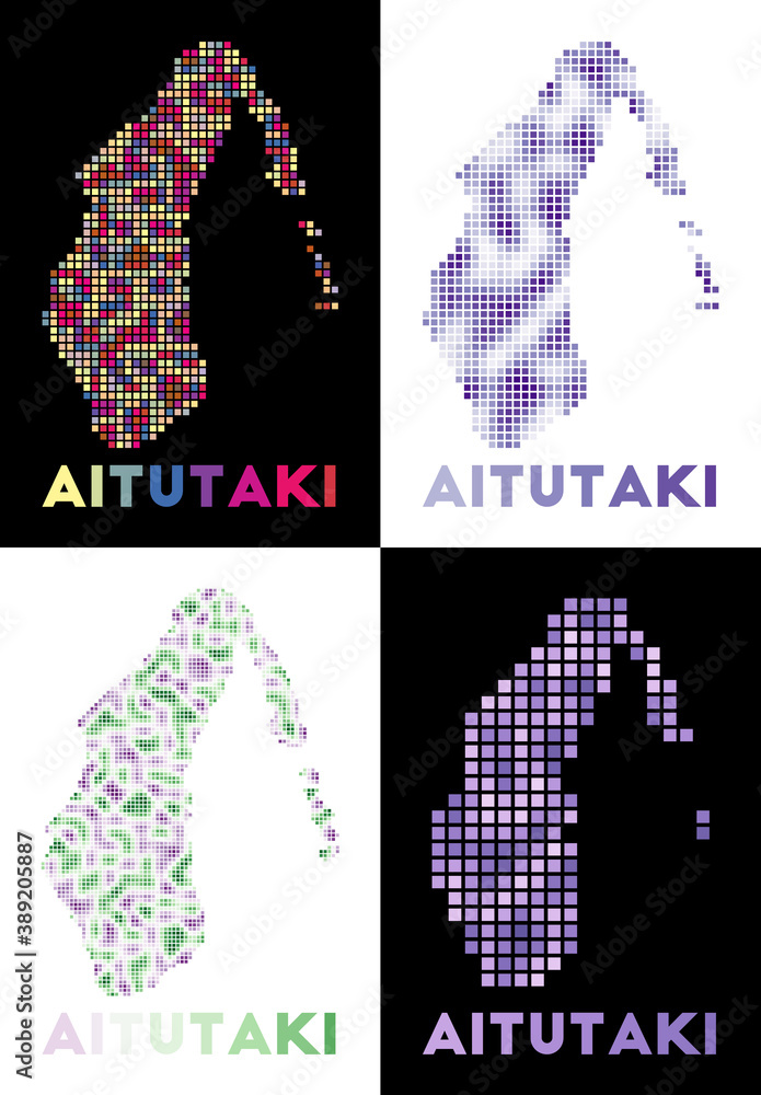 Poster aitutaki map. collection of maps of aitutaki in dotted style. borders of the island filled with rect