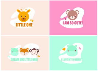 cute animal faces with lettering, colored vector set with baby cards