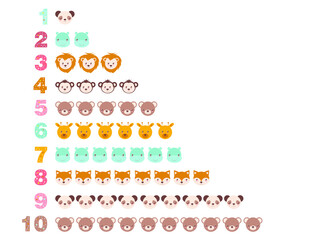 numbers for children with examples (1-10). Kids learning material. Card for learning numbers. Number 1-10. cute colored animals