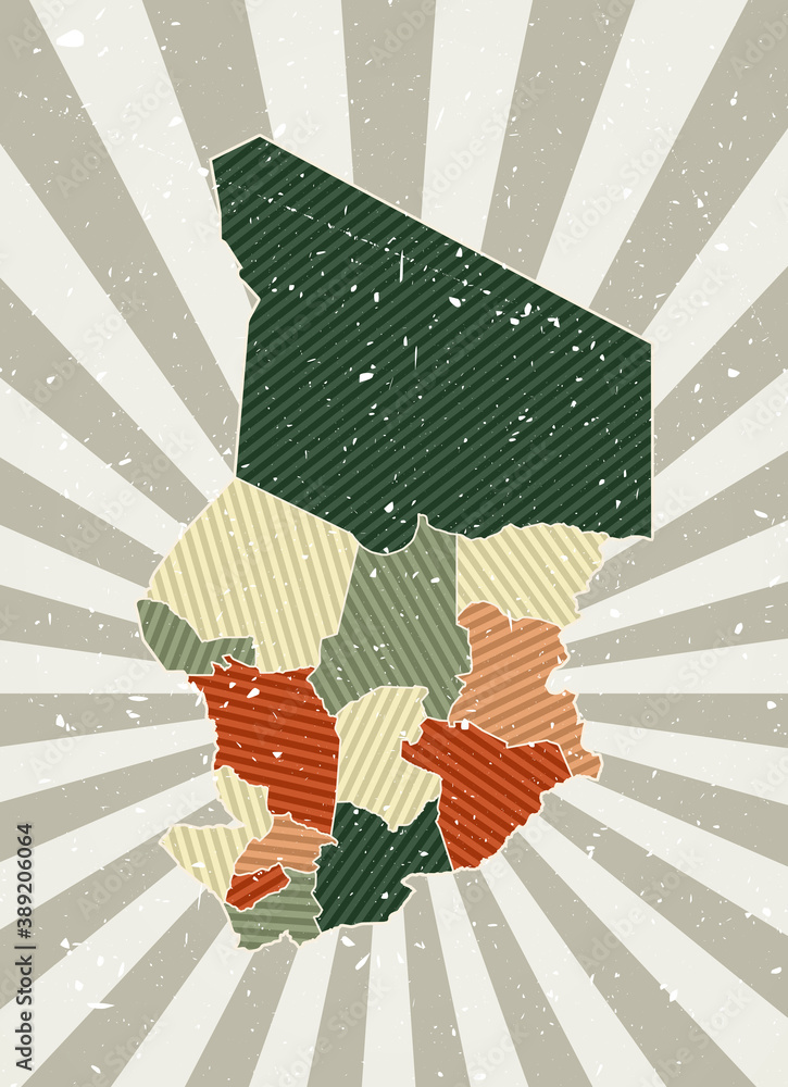Poster chad vintage map. grunge poster with map of the country in retro color palette. shape of chad with s