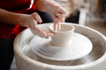 Fototapeta na wymiar Female hands crafting a pottery cup on a potter's wheel. Handmade and crafting concept.