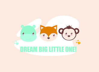 cute animal faces with inscriptions, colored vector illustration on a white background