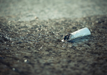 A cigarette butt tossed on the ground.