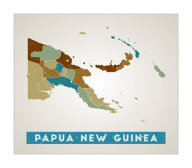 Papua New Guinea map. Country poster with regions. Old grunge texture. Shape of Papua New Guinea with country name. Superb vector illustration.