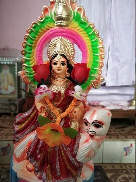 Close image of Clay made Goddess Laxmi idol for worship in hindu culture