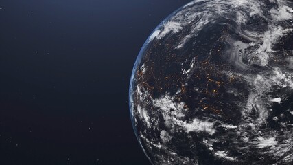 Beautiful view of Earth from high earth orbit. night view from space, with illuminating lights on earth surface, Planet earth from space, space, planet, stars, cosmos, sea, earth, globe, 3D render