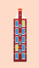 Red old european house isolated as logo, emblem, icon, flat vector illustration with retro european house facade in amsterdam