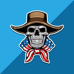 american skeleton with cowboy hat and american flag on shoulders. vector illustration
