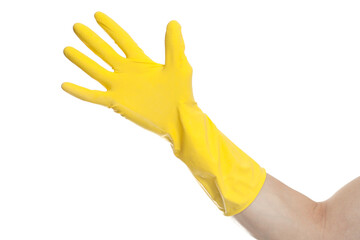 hand in yellow latex Glove For Cleaning isolated on white background.