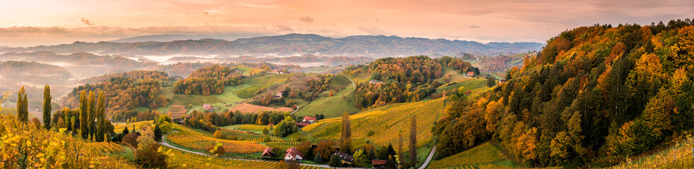 Fototapeta na wymiar South styria vineyards panorama, Tuscany of Austria. Sunrise in autumn.