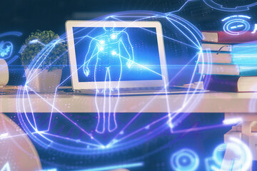 Desktop computer background and education theme drawing. Double exposure. Study concept.