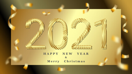 Happy New Year 2021. Holiday vector illustration of gold metallic numbers 2021