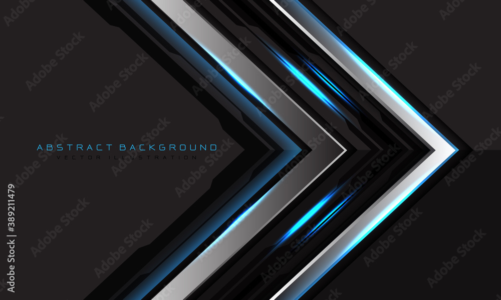 Fototapete abstract silver black circuit blue light arrow direction on grey blank space with text design modern