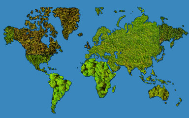 World map with textures of green moss and grass. Atlas of the world on a blue background. Borders of continents and countries from natural moss.