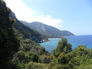 The turquoise ocean and paradise beaches of the greek island of Samos in the Aegean Sea, Greece