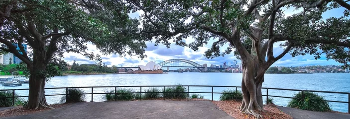 Papier Peint photo Sydney Harbour Bridge Panorama view of Sydney Harbour bridge and opera house Luna park and cbd buildings from behind trees in NSW Australia on cloudy spring afternoon dark cloudy skies