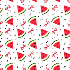 pattern with watermelon slices, seeds and bows