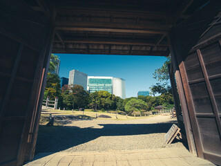 秋晴れの青空広がる東京の浜離宮庭園の風景　10月