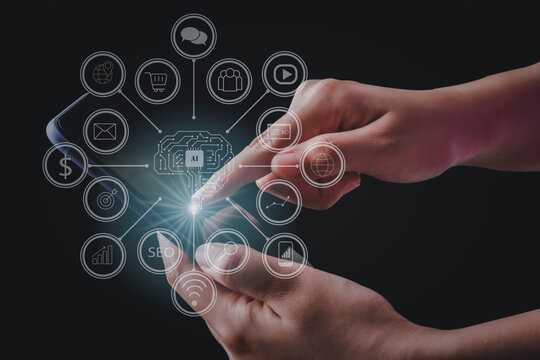 Finger touch on the smartphone screen  AI (artificial intelligence) computer genius technology ,It's working to find information online and it's the brain of the phone in the future.