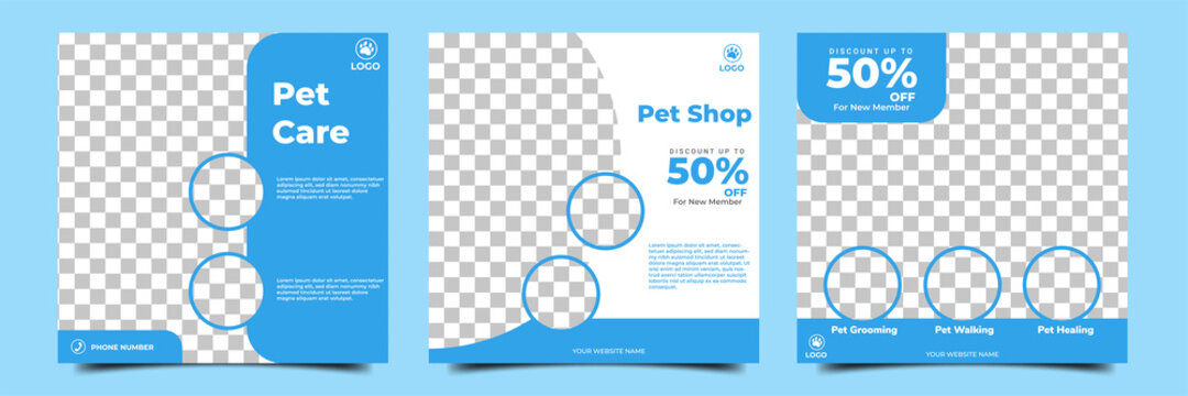 Set of editable square banner templates. Pet shop social media post design with blue color and photo collage. Usable for social media post, story and web internet ads. Flat vector design isolated