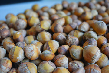 A small amount of ripe brown hazelnuts scattered on the table