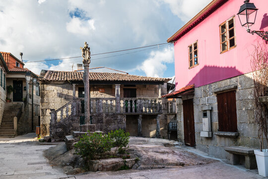 Traditional stone houses at the well-preserved village of Combarro in Ponteveda, Spain, famous for its stone cruceiros (calvaries) and horreos (raised granaries).