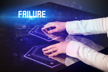 Hand touching digital table with FAILURE inscription, new age security concept