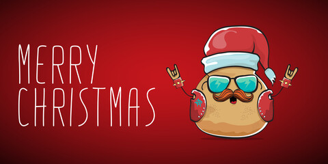 Fototapeta na wymiar vector rock star santa potato funny cartoon cute character with with red santa hat and calligraphic merry christmas text isolated on red horizontal background. rock n roll christmas party banner