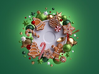 3d render, Christmas flat lay over green background. White porcelain plate filled with festive treats, gingerbread cookies, candy cane. Holiday food