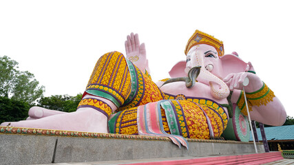 Fototapeta na wymiar Hindu God Ganesha on white background Big Ganesha statue in Ganesha park temple Nakhon Nayok province Thailand.