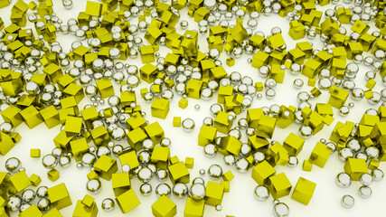 abstract background of chrome spheres and golden cubes. 3d render illustration