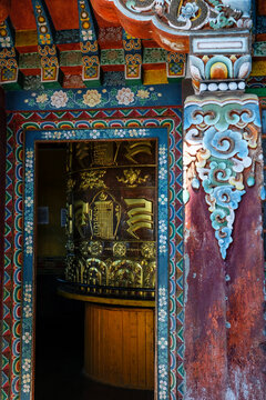 Pelling, India - October 2020: Prayer wheel in Pemayangtse Monastery on October 30, 2020 in Pelling, Sikkim, India.