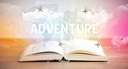 Open book with ADVENTURE inscription, vacation concept