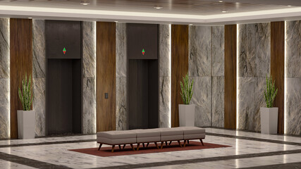 3D Waiting area at front elevators with luxury decoration lobby