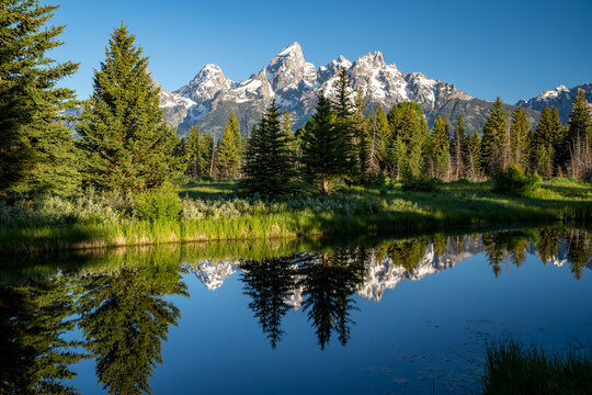 Schwabacher Landing in the early morning in Grand Teton National Park, with mountain reflections on the water creek © MelissaMN