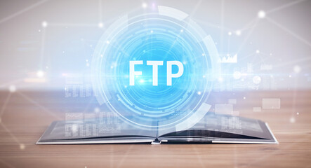 Open book with FTP abbreviation, modern technology concept