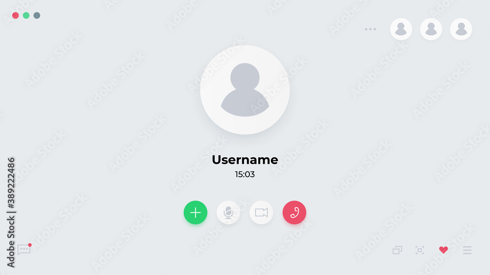 Poster Video call UI. Laptop online conference screen template with dial and interface buttons to accept or cancel connection. Computer communication technology, message application, vector display mockup