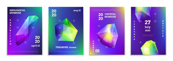 Crystals abstract posters. Realistic 3D gradient gems, holographic geometric mineral. Geological museum exhibition or treasure stones gallery template. Exposition event advertising banner, vector set