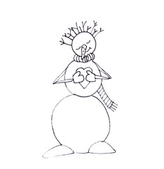 snowman in a scarf and mittens with a heart in his hands, graphic linear drawing on a white background