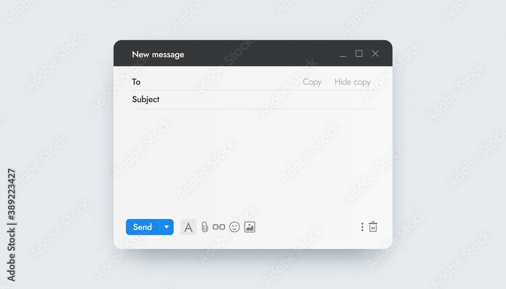 Poster Email template. Online messenger interface mockup window, sending letter over internet, postal application. UI screen with headline, address and buttons. Empty form for text, vector digital connection