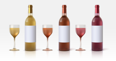 Bottles and glasses. Realistic 3D wine tableware, red and white alcoholic beverages. Vessel with grape drinks. Winery products advertising and brand identity template, vector isolated mockup set