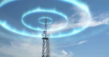 Modern high antenna evolving signal waves - obrazy, fototapety, plakaty