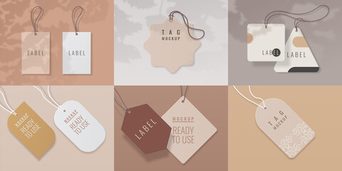 Paper tags. Realistic price labels with overlay shadow effect for shop goods, luggage and gifts. Collection of round and square cards, sale or discount sticker, vector promotion badge isolated set - obrazy, fototapety, plakaty