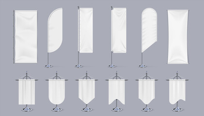 Blank flag mockup. Realistic hanging banners on pole, vertical chrome steel exhibition stand and advertising pennant. White canvas template with place for logo and festival emblem. Vector isolated set