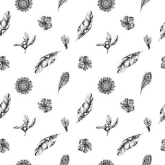 Seamless pattern with black and white banana palm leaves, hibiscus, solanum, bromeliad, peacock feathers, protea