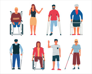 Disable people. Cartoon handicapped persons in wheelchair, with crutches, plaster and cane. Men and women with limb injuries, blind or elderly. Vector disabilities and limited mobility isolated set