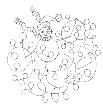 snowman dancing with christmas tree garland, graphic linear drawing on white background