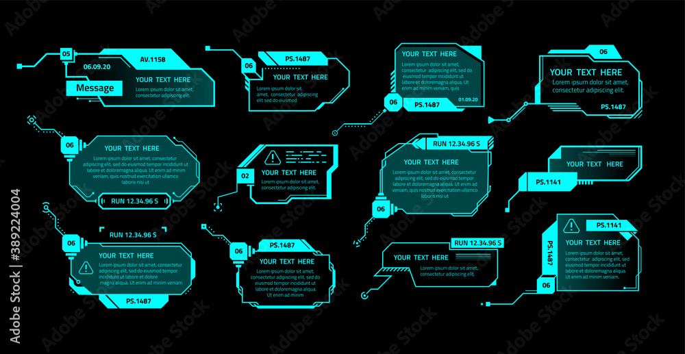 Aufkleber HUD text banners. Futuristic computer video game interface elements with copy space, technology infographic borders. Collection of neon frames on black background. Vector system messages isolated set